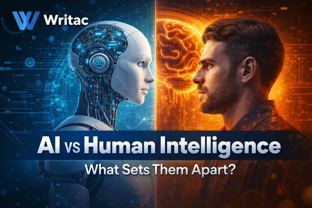 AI vs Human Intelligence comparison showing artificial intelligence and human thinking abilities