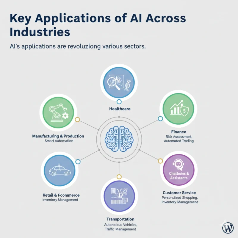 Infographic showing AI in manufacturing, healthcare, finance, retail, transportation, and customer service.