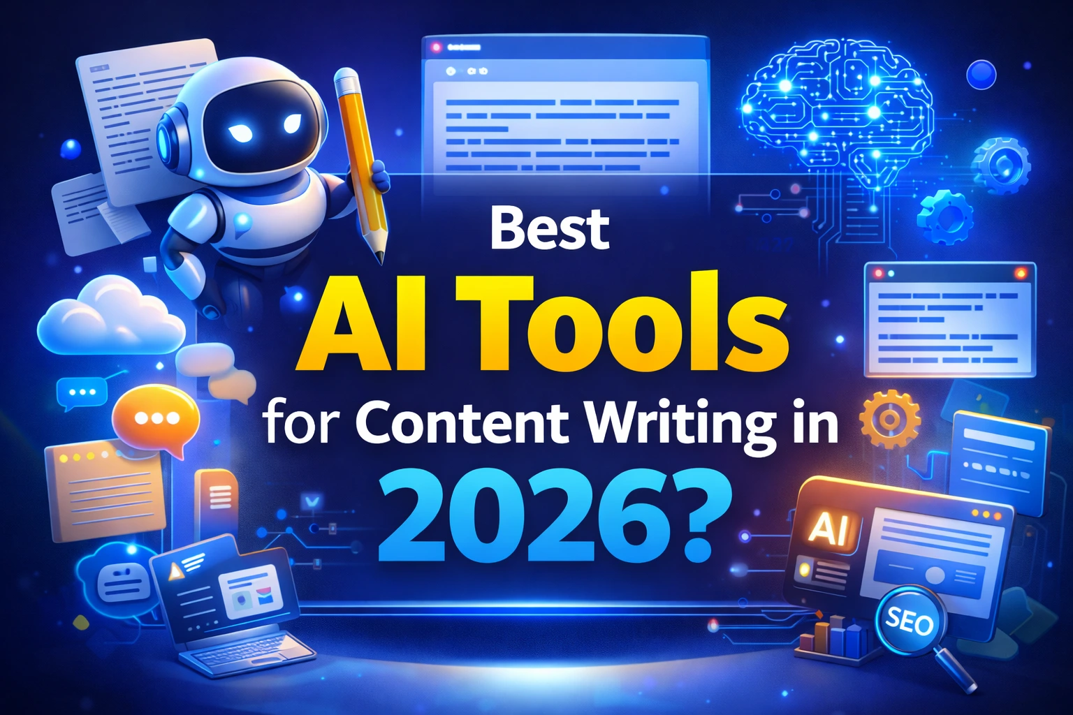 Best AI tools for content writing in 2026 highlighted with AI writing, SEO, and blogging tools
