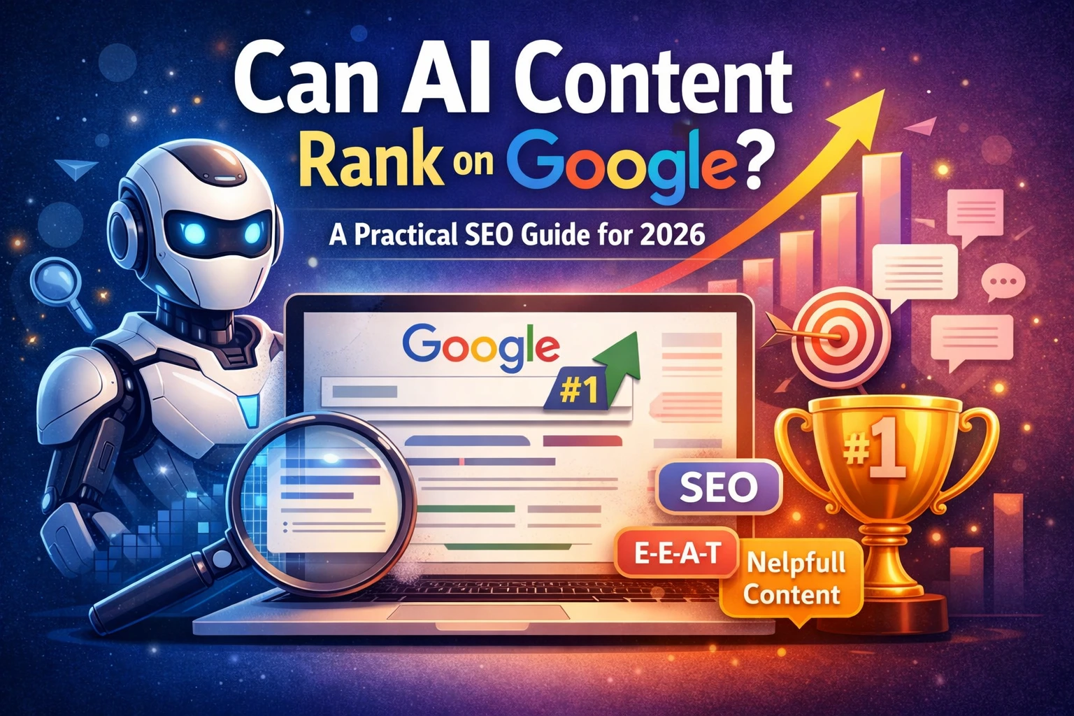 Can AI content rank on Google in 2026 showing AI robot analysing content SEO with E-E-A-T and Google ranking growth