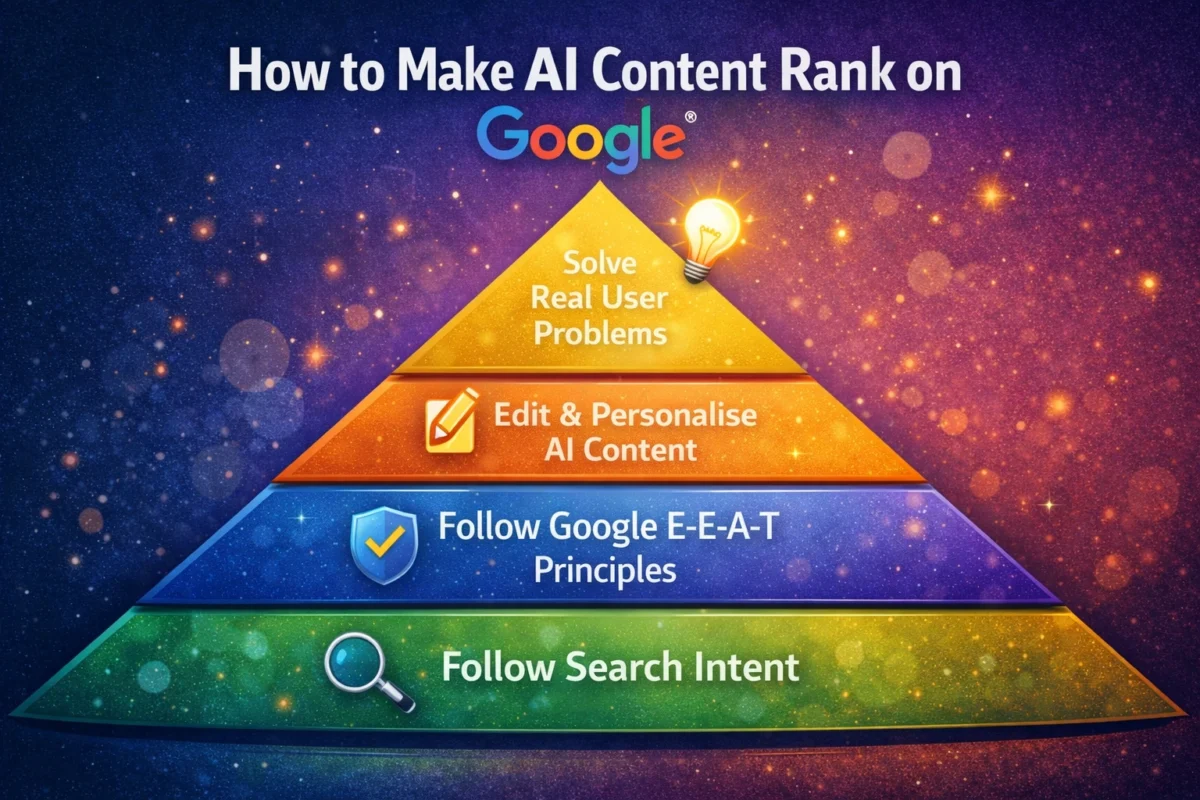 Pyramid showing how to make AI content rank on Google with search intent, E-E-A-T principles, content editing, and solving real user problems
