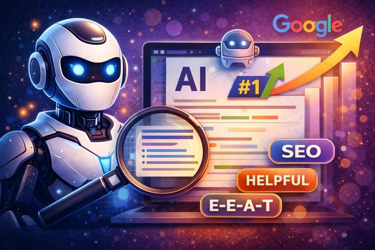 AI robot analysing content for Google SEO showing AI-generated content ranking with E-E-A-T and helpful content signals
