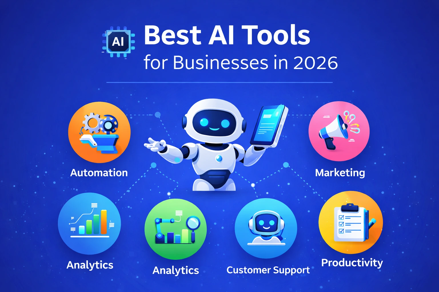Best AI tools for businesses in 2026 including automation, marketing, analytics, customer support, and productivity solutions