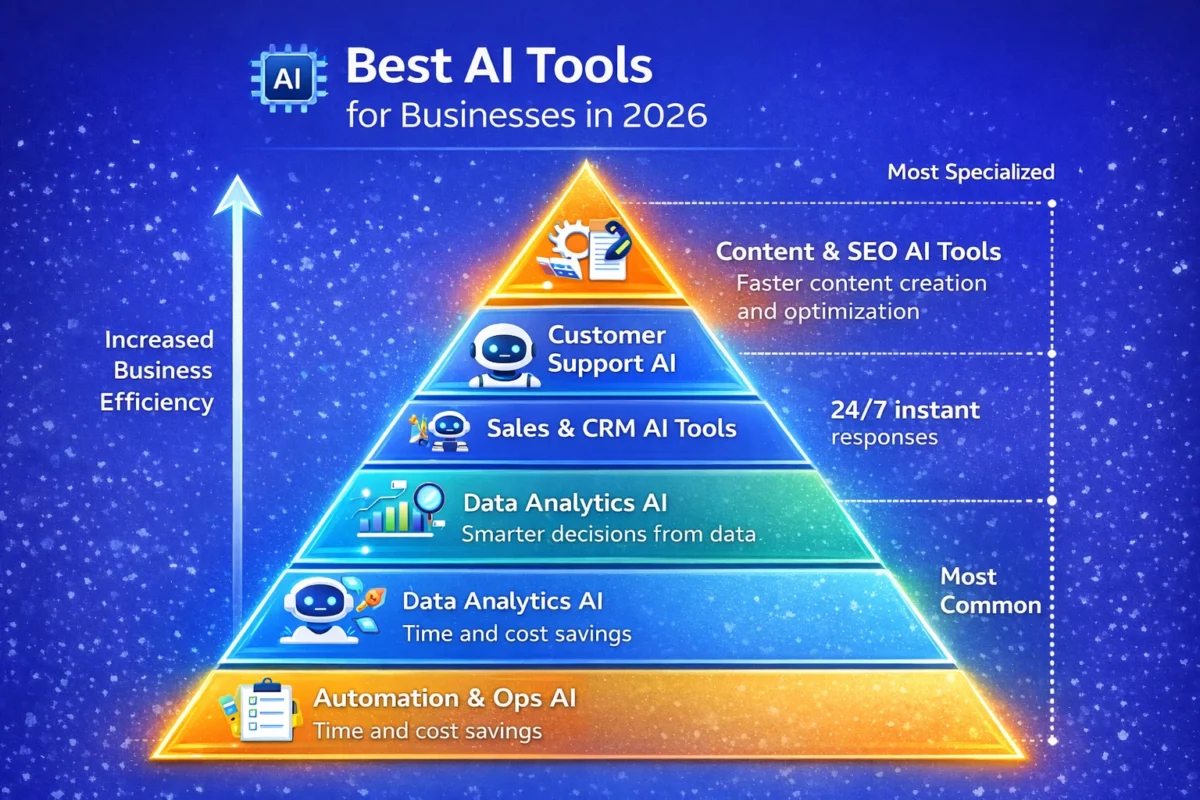 AI tools pyramid showing best AI tools for businesses in 2026 from automation and operations to content, SEO, and analytics

