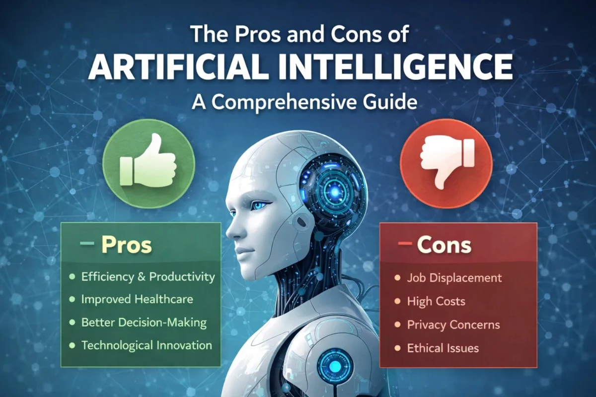 Pros and cons of artificial intelligence showing advantages and disadvantages of AI technology
