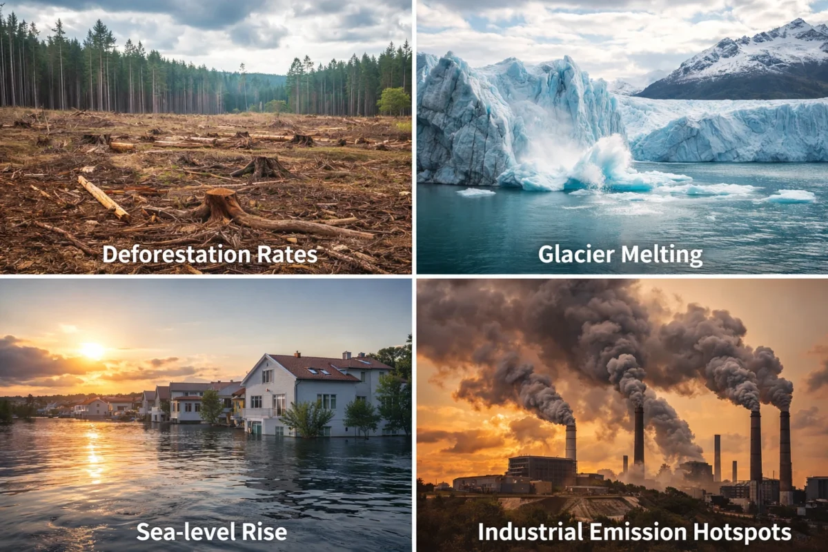 Four-part climate impact image showing deforestation, glacier melting, sea-level rise, and industrial emission hotspots