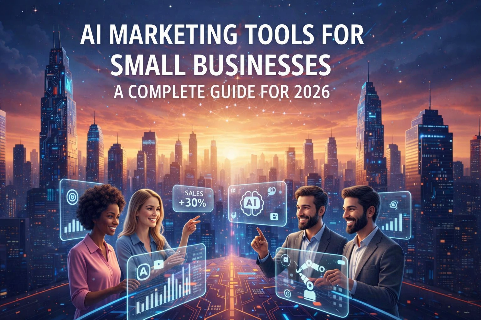 AI marketing tools for small businesses showing professionals using artificial intelligence for content, analytics, and digital marketing growth