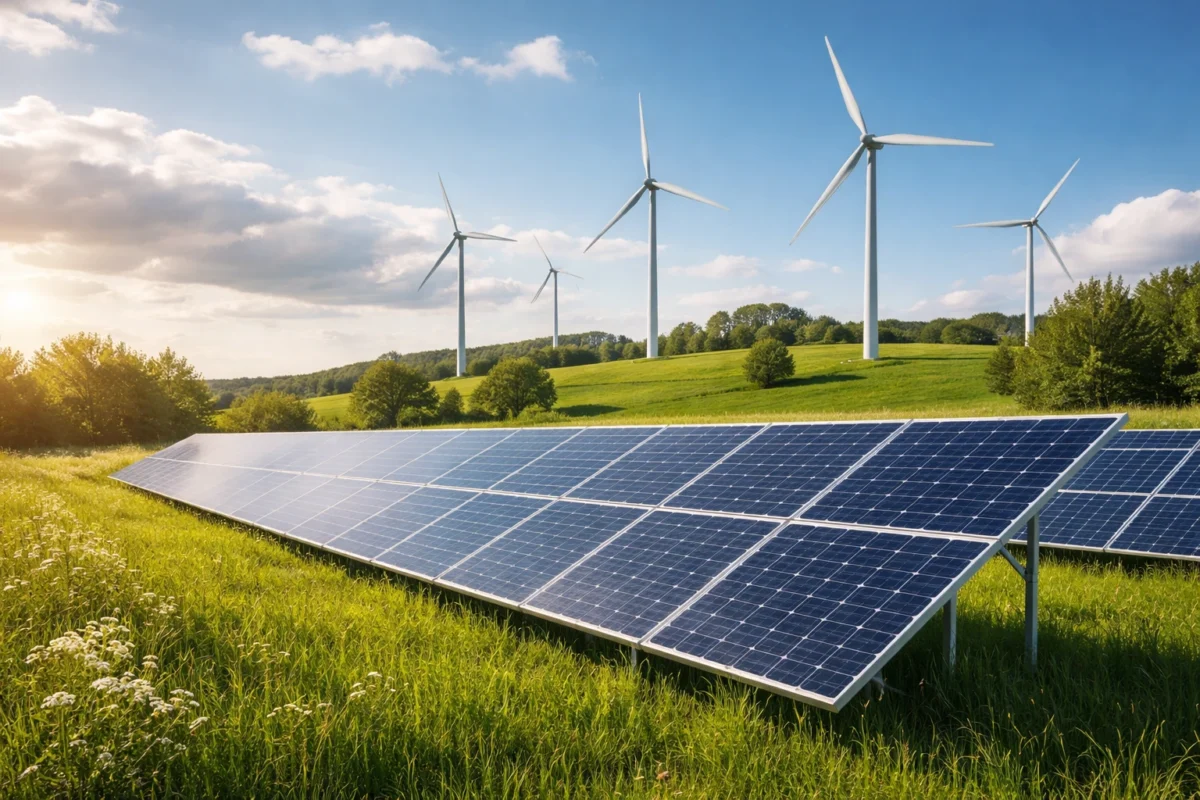 Renewable energy landscape with solar panels in foreground and wind turbines in green fields under blue sky