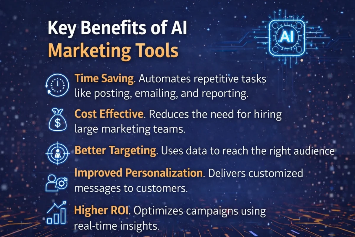 Key benefits of AI marketing tools for small businesses including time saving, cost efficiency, better targeting, personalization, and higher ROI