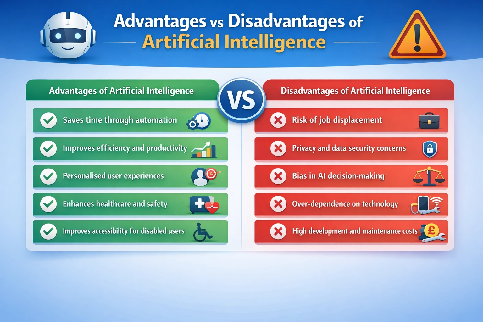 Advantages and Disadvantages of Artificial Intelligence in Daily Life comparison chart
