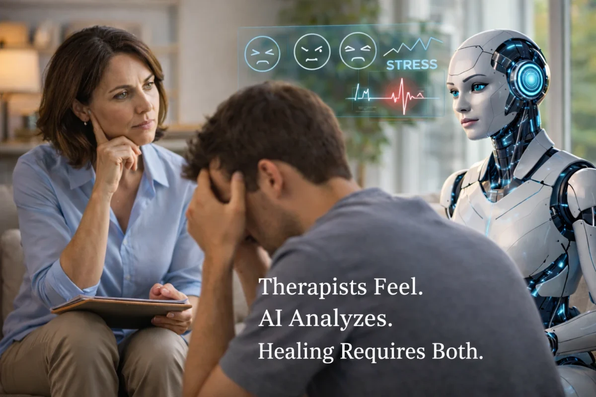 AI in Mental Health Treatment showing human therapist and AI analyzing patient emotions