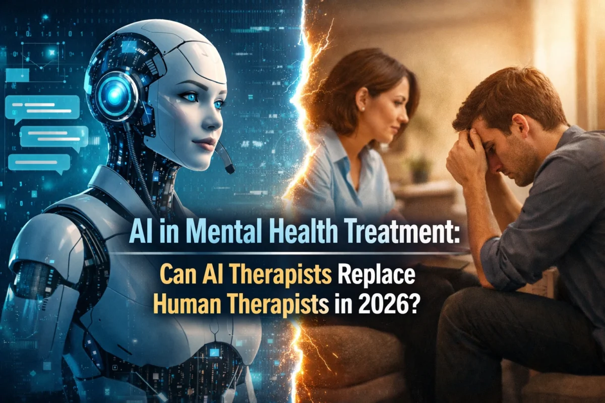 AI in Mental Health Treatment showing AI therapist vs human psychologist session