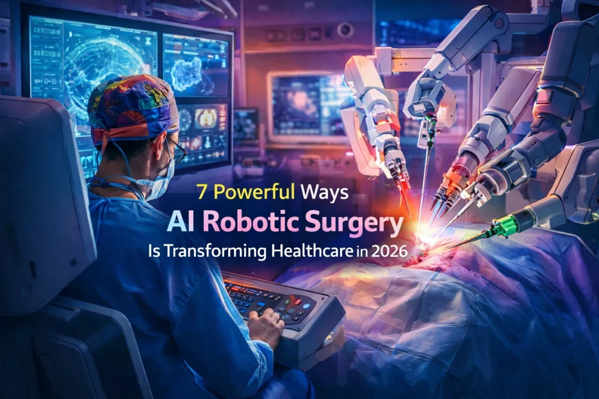 AI Robotic Surgery in 2026 with surgeon controlling robotic arms in a smart operating room