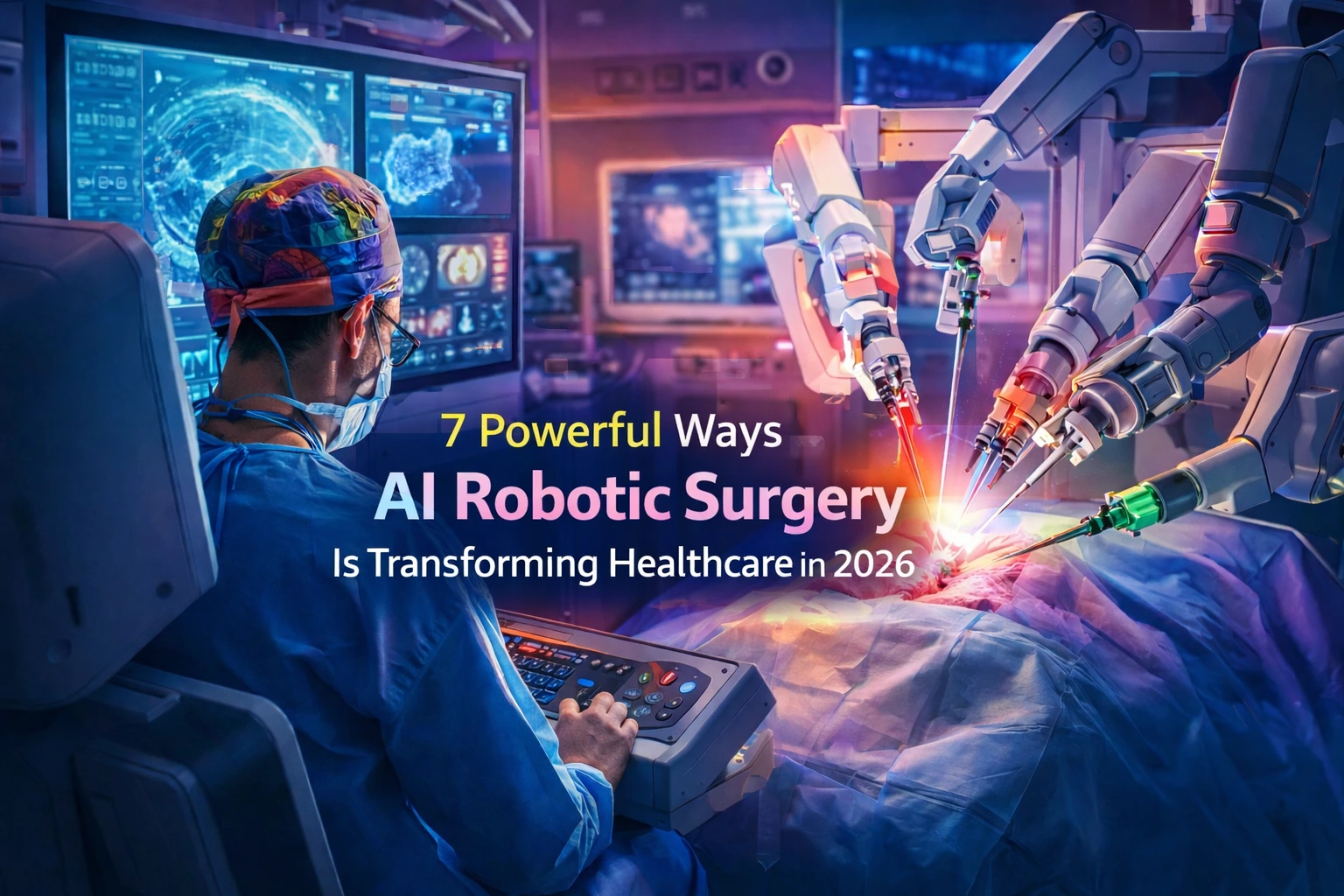 AI Robotic Surgery in 2026 with surgeon controlling robotic arms in a smart operating room