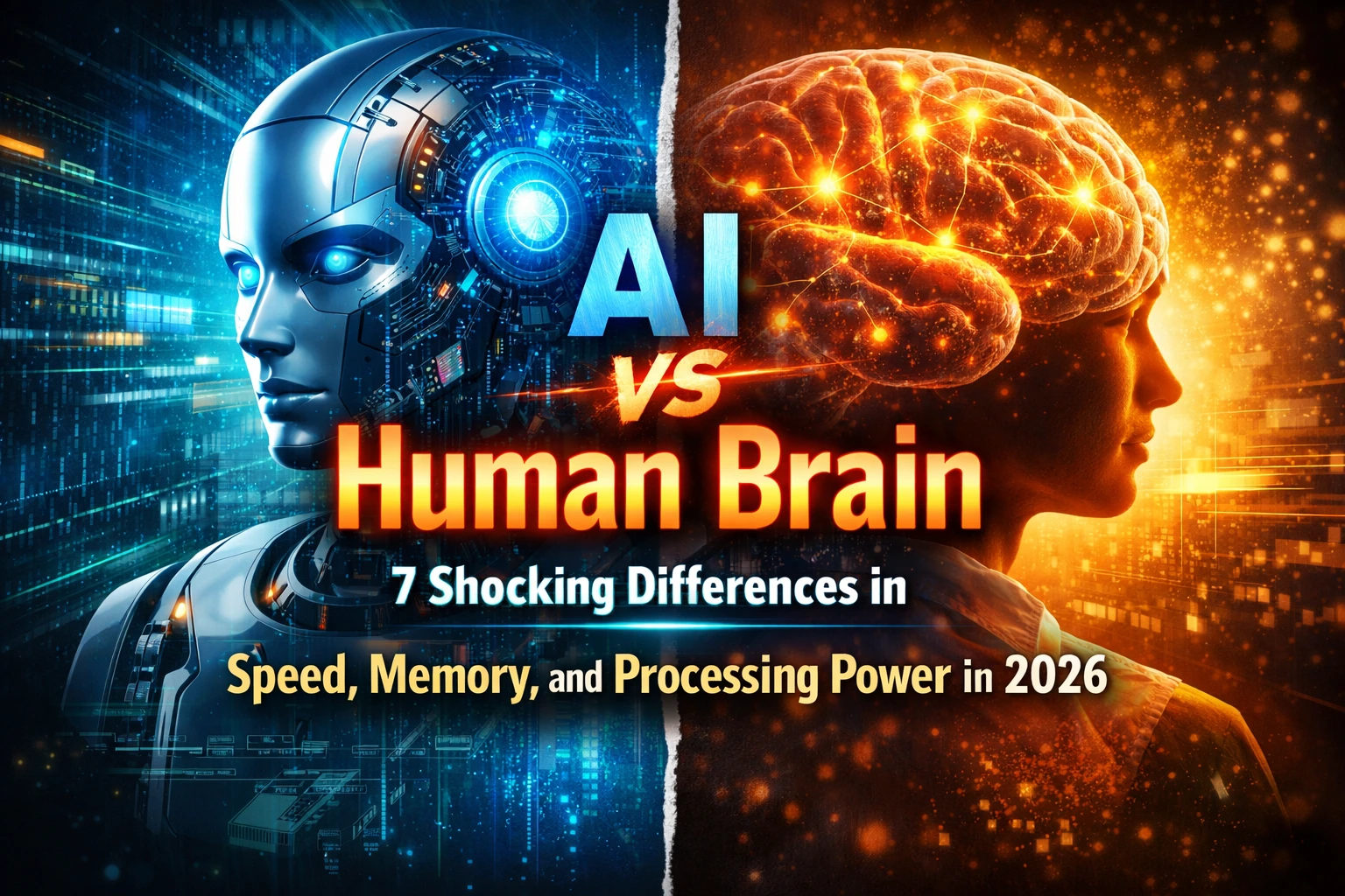 AI vs Human Brain comparison showing dark-themed split design with robot head and human brain in 2026