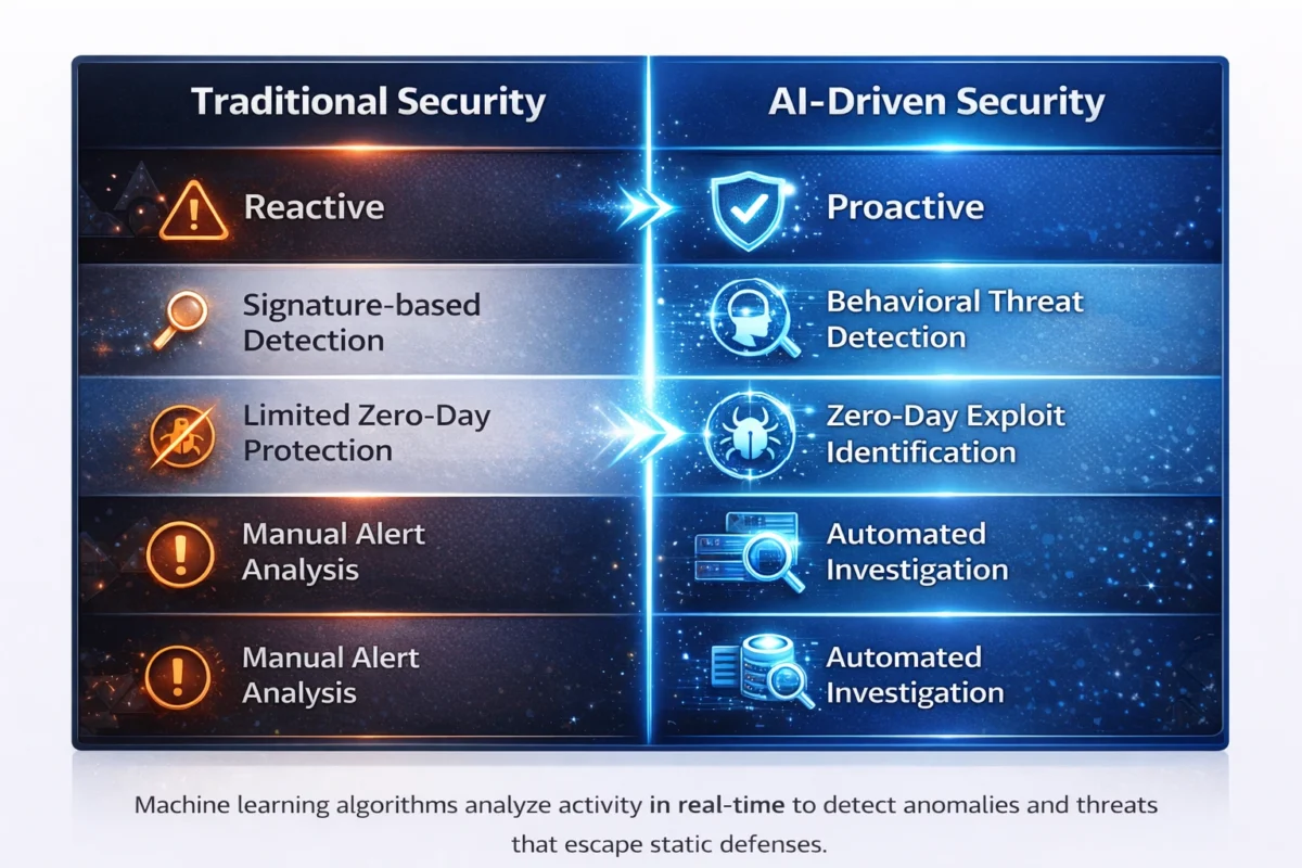 Traditional vs AI-Driven Security comparison table in AI in Cybersecurity guide