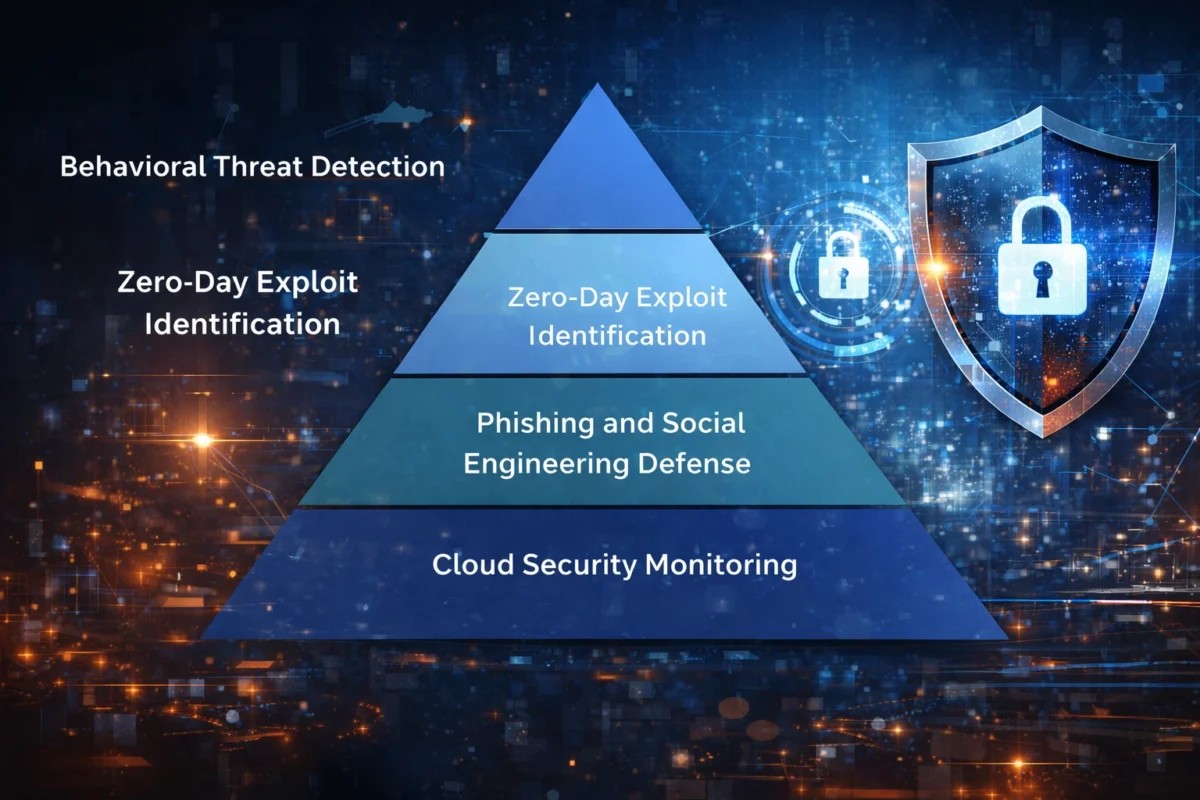 AI in Cybersecurity pyramid showing threat detection, zero-day identification, phishing defense and cloud security monitoring