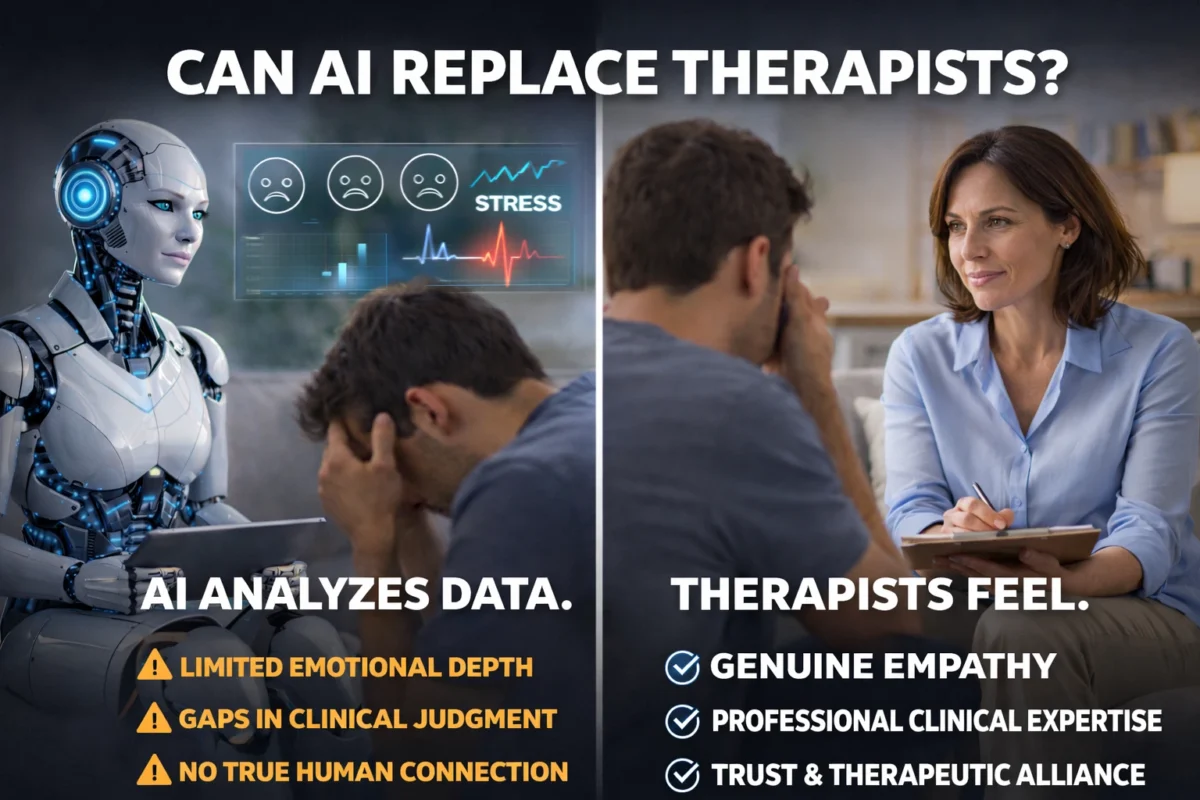 AI in Mental Health Treatment comparison showing AI analyzing data and human therapist expressing empathy