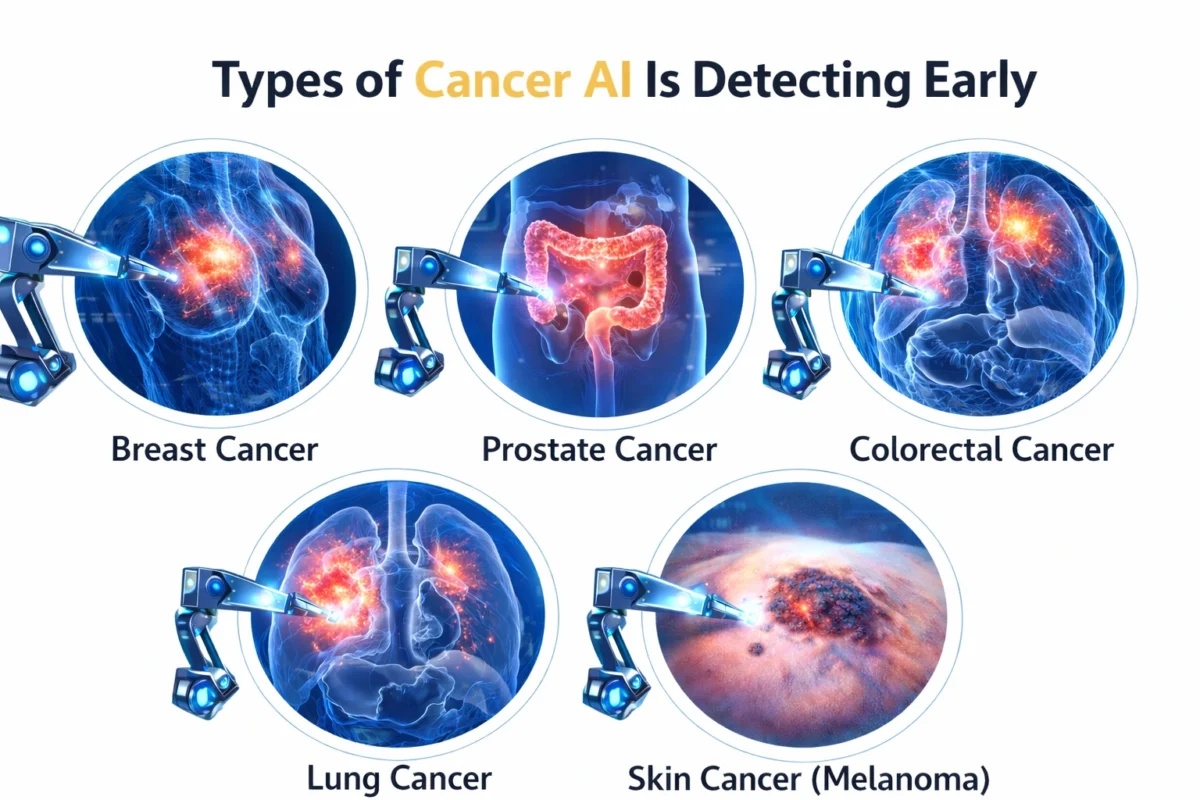 Types of cancer AI is detecting early including breast, lung, colorectal, prostate and skin cancer in 2026