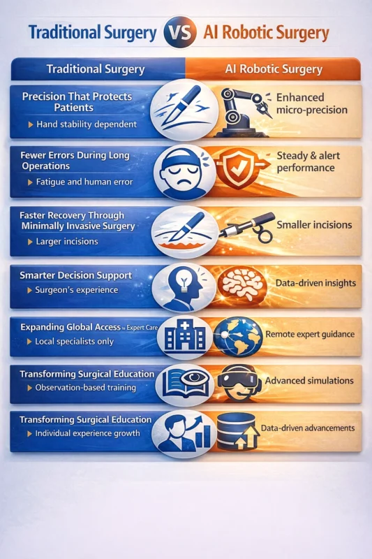 AI Robotic Surgery vs Traditional Surgery comparison infographic highlighting precision, recovery, and surgical innovation in 2026