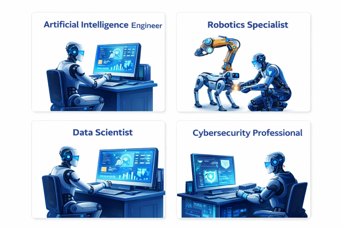 Robots practicing automation skills including artificial intelligence, robotics engineering, data science and cybersecurity