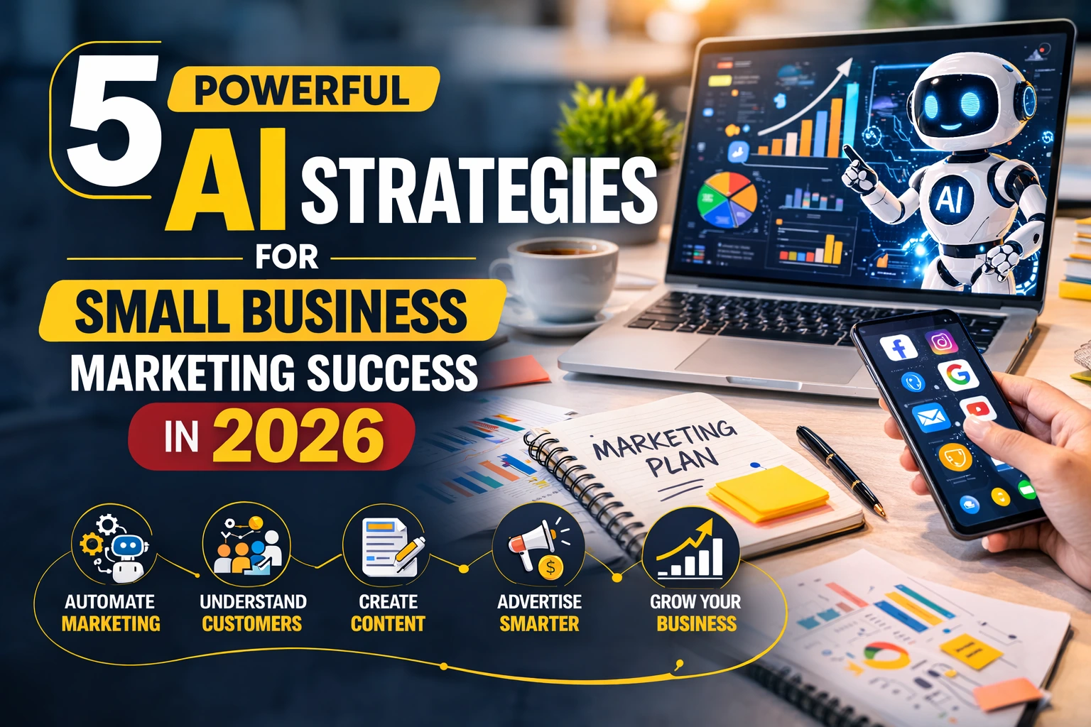 5 Powerful AI Strategies for Small Business Marketing Success in 2026 illustration showing AI tools, automation, and digital marketing growth