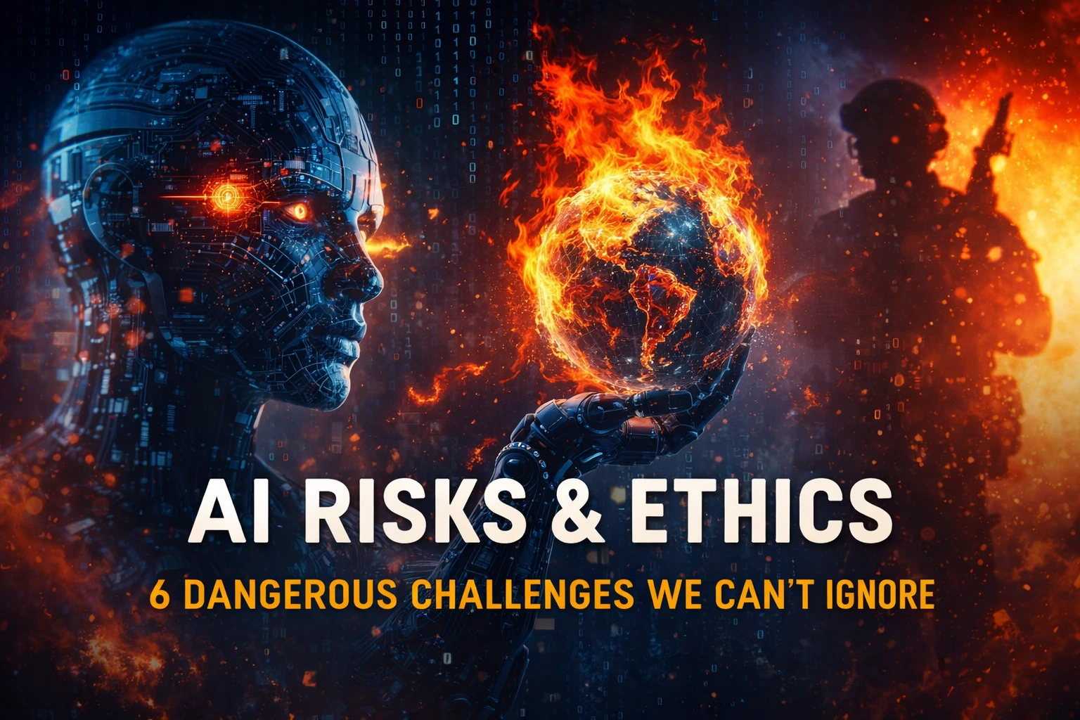 AI risks and ethics concept showing robot, burning earth and global dangers of artificial intelligence