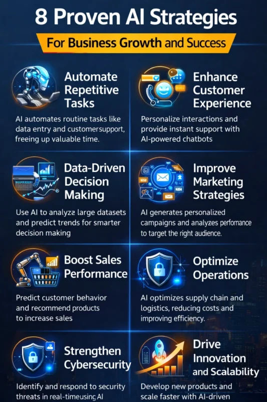 AI in Business Growth infographic showing 8 proven strategies like automation, marketing, sales, and cybersecurity