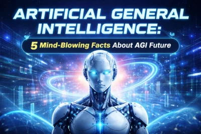 Artificial General Intelligence futuristic robot with glowing neural network representing AGI future technology