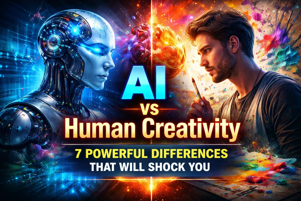 AI vs Human Creativity concept showing robot and human artist comparison with 7 powerful differences