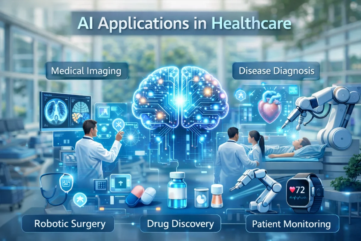 AI applications in healthcare including medical imaging, disease diagnosis, robotic surgery, drug discovery and patient monitoring