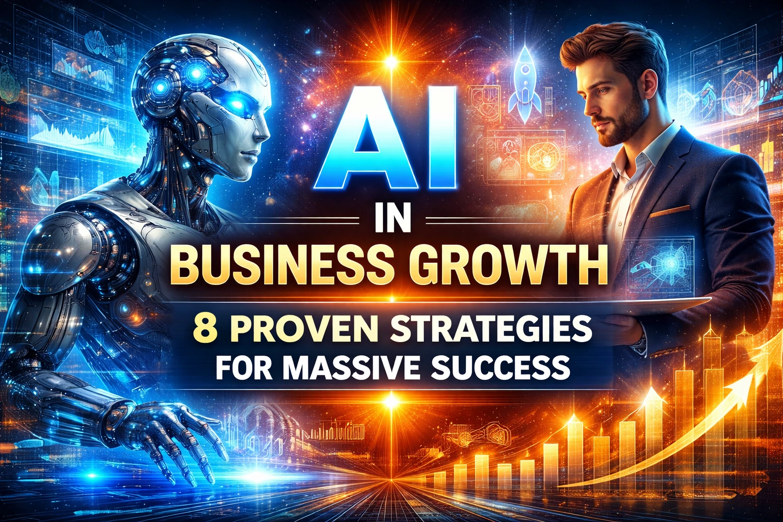 AI in Business Growth concept showing robot and businessman using data analytics and automation for business success