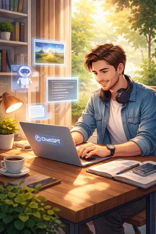 Human using generative AI tool on laptop for content creation and productivity