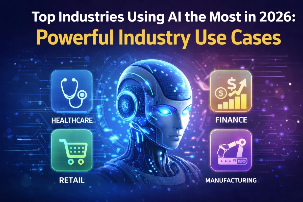Top Industries Using AI the Most in 2026 featured image showing healthcare, finance, retail and manufacturing AI use cases