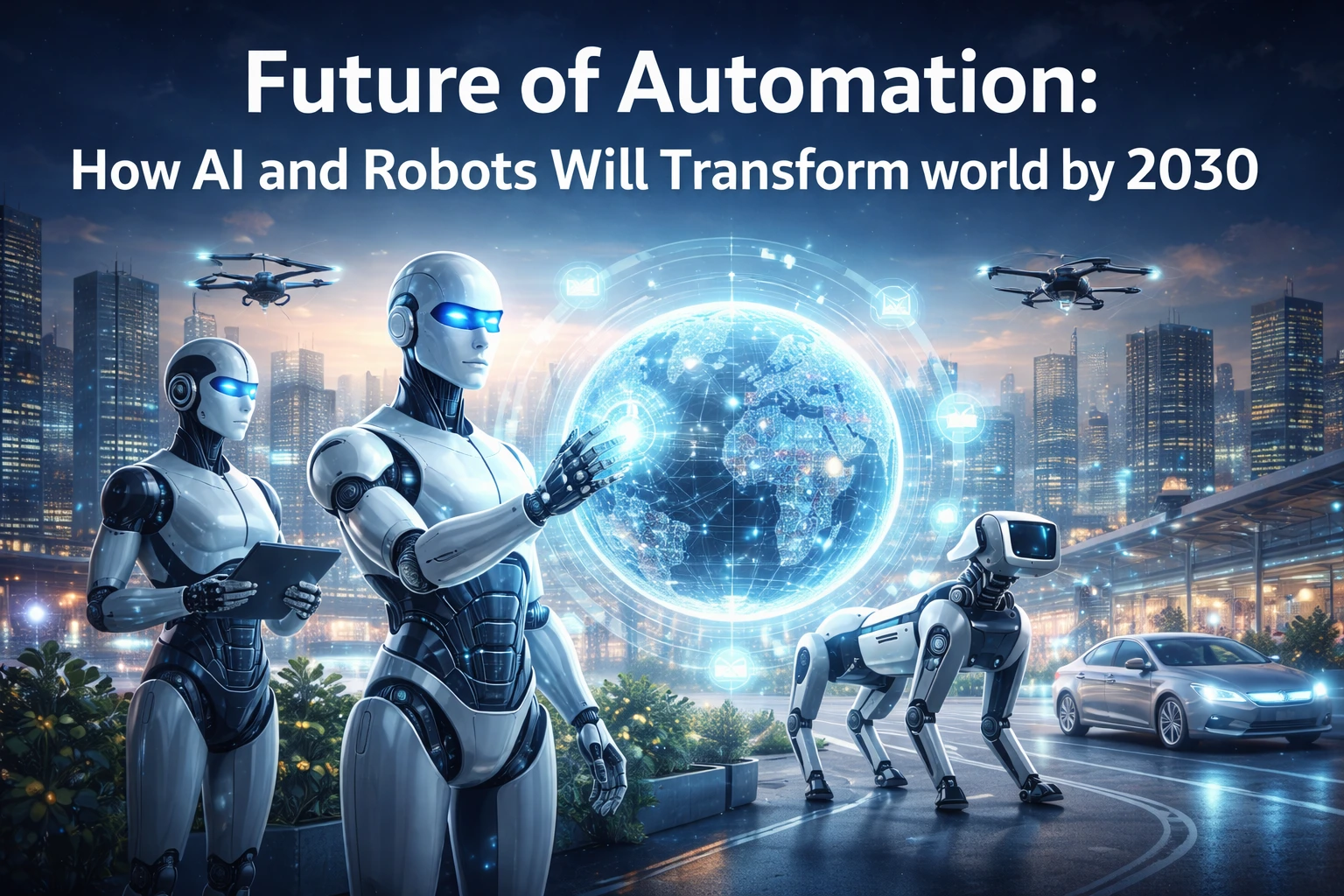 Future of Automation with AI robots, smart city technology, drones and self-driving cars transforming industries by 2030