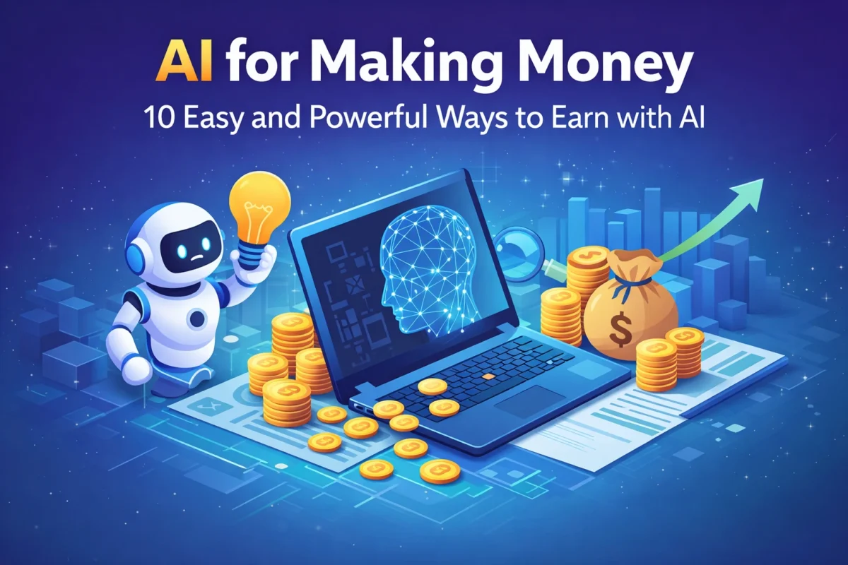 AI for Making Money – Laptop with AI technology generating online income and digital coins