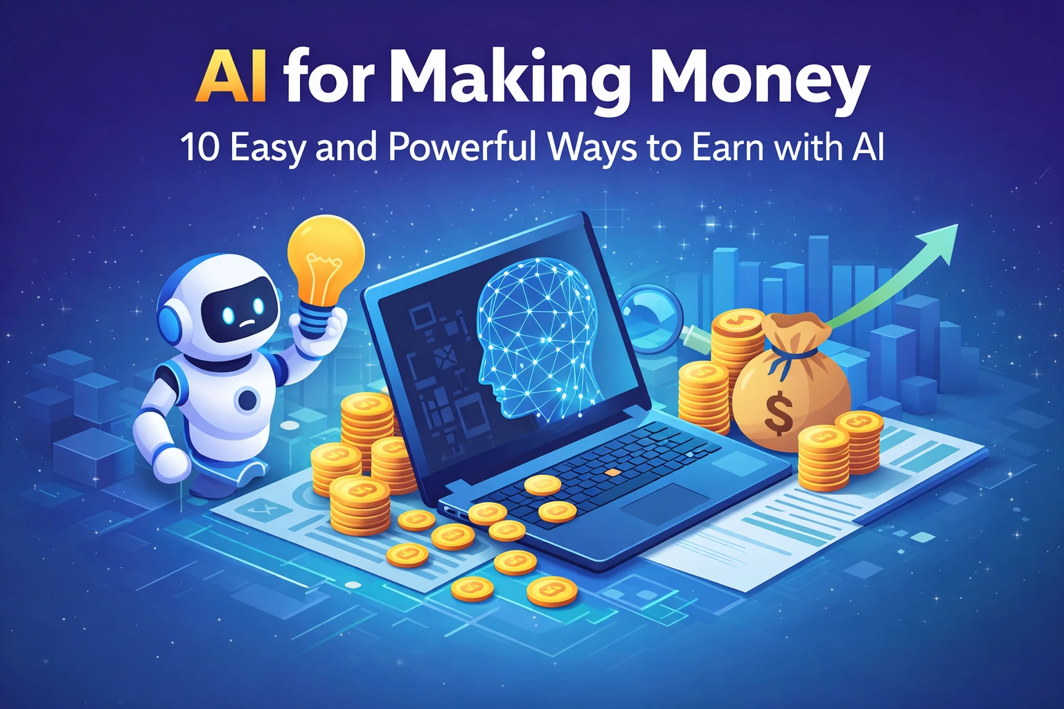 AI for Making Money – Laptop with AI technology generating online income and digital coins