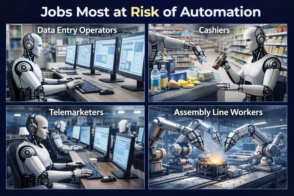 Jobs most at risk of automation showing robots replacing humans in data entry, cashier, telemarketing and factory work