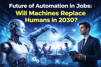Future of Automation in Jobs concept showing AI robots and humans working together in a futuristic workplace