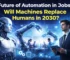 Future of Automation in Jobs concept showing AI robots and humans working together in a futuristic workplace