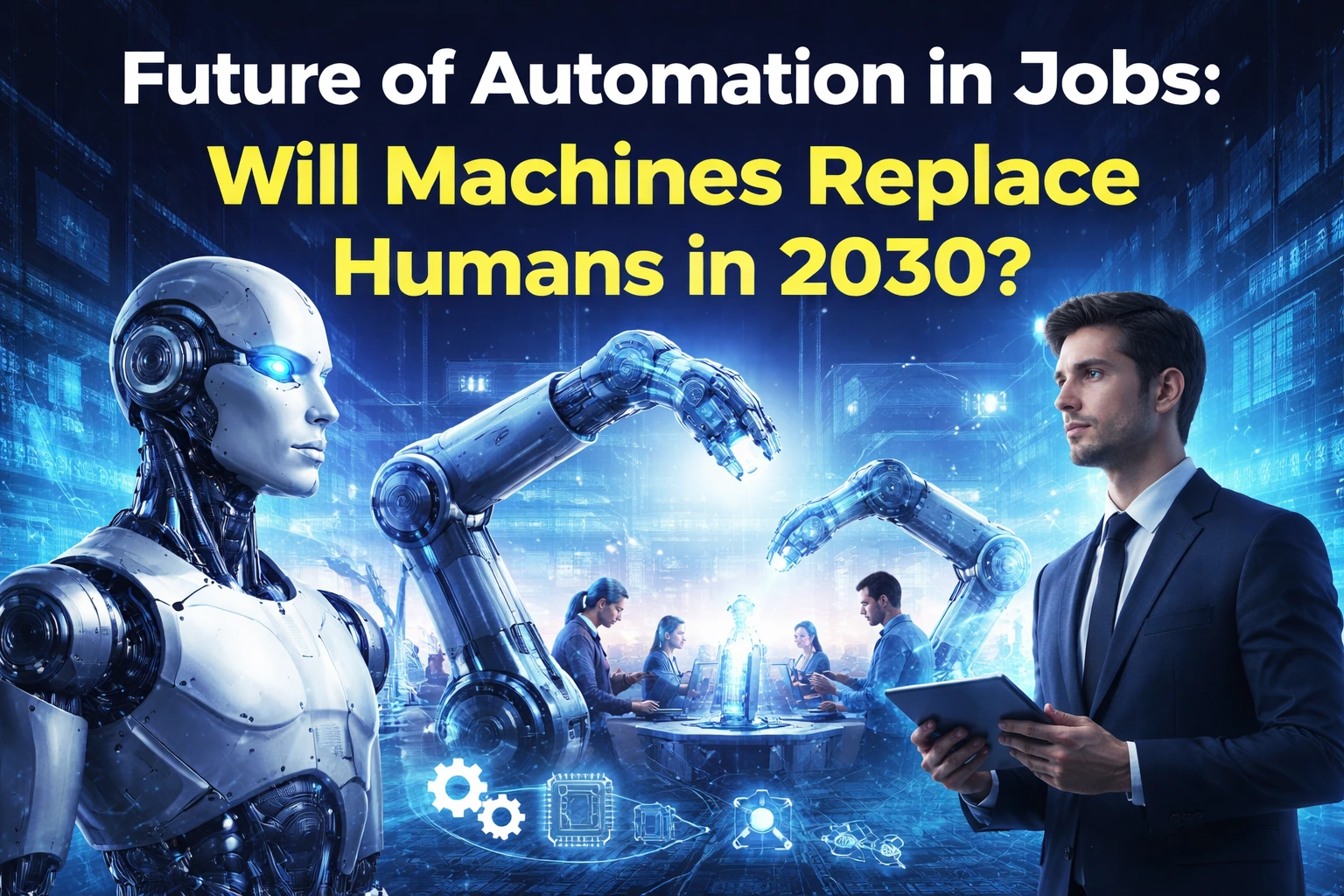 Future of Automation in Jobs concept showing AI robots and humans working together in a futuristic workplace