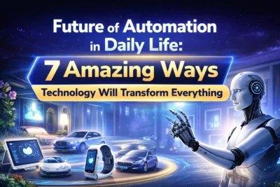 Future of Automation in Daily Life showing smart home, AI devices, and automated technology transforming everyday living
