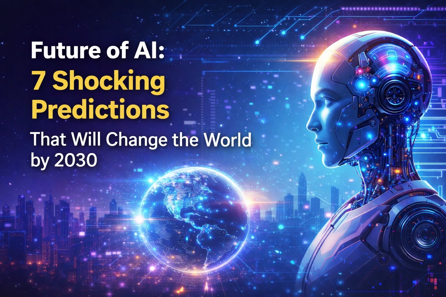 Future of AI illustration showing robot, digital globe and smart city with AI technology concept