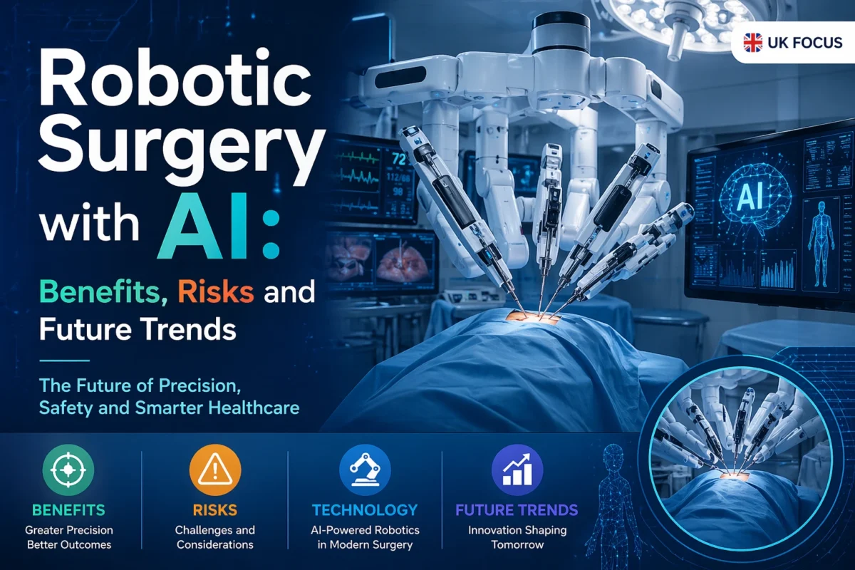 Robotic surgery with AI showing advanced surgical robots performing precise medical procedures in modern healthcare